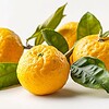 Fresh lemons with green leaves on a white background, emphasizing natural citrus ingredients for wellness and health products.