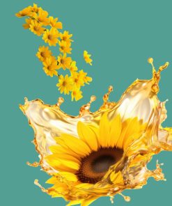 Bright sunflower with golden oil splash and yellow flowers, representing natural herbal supplements and wellness products at VivApotheca.