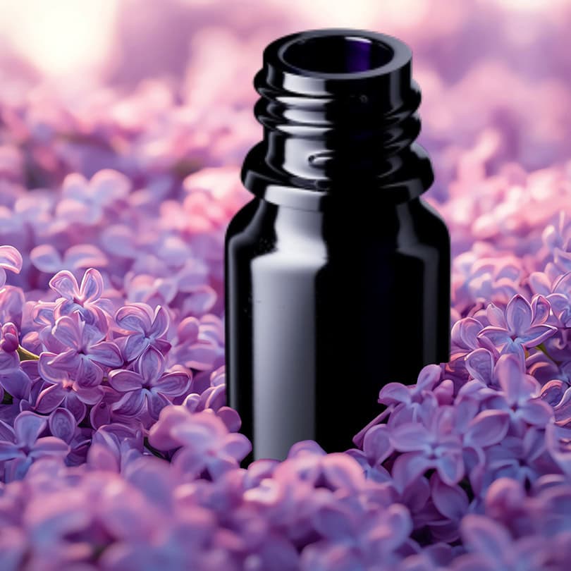 Dark glass essential oil bottle surrounded by pink lilac flowers, creating a soothing and natural homeopathic health and wellness product setting.