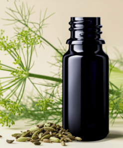violet bottle of sweet fennel essential oil with seeds and fennel.
