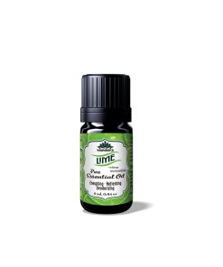 A bottle of lime essential oil on a white background.