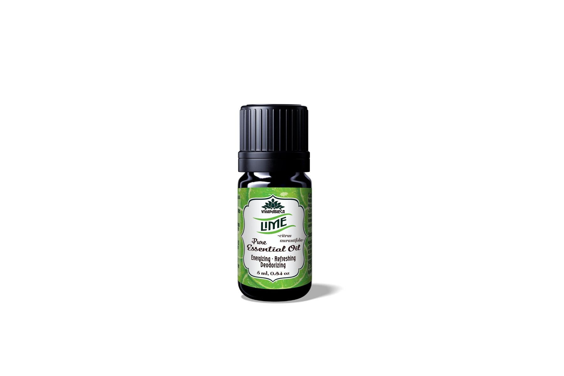 A bottle of lime essential oil on a white background.