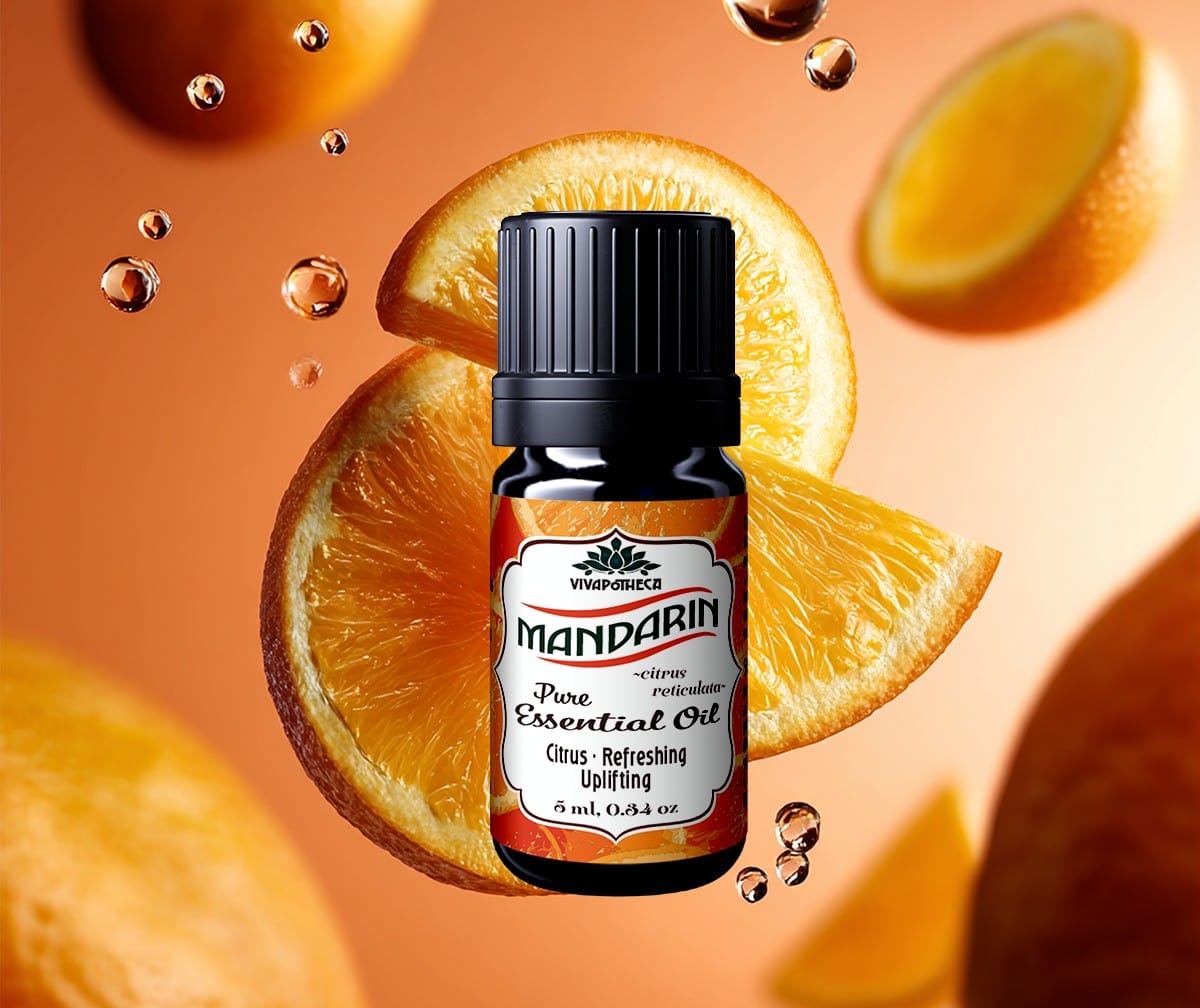 1. Essential mandarin orange essential oil for citrus scent, refreshing, uplifting, and natural skin care, 5ml bottle, VivApotheca brand.