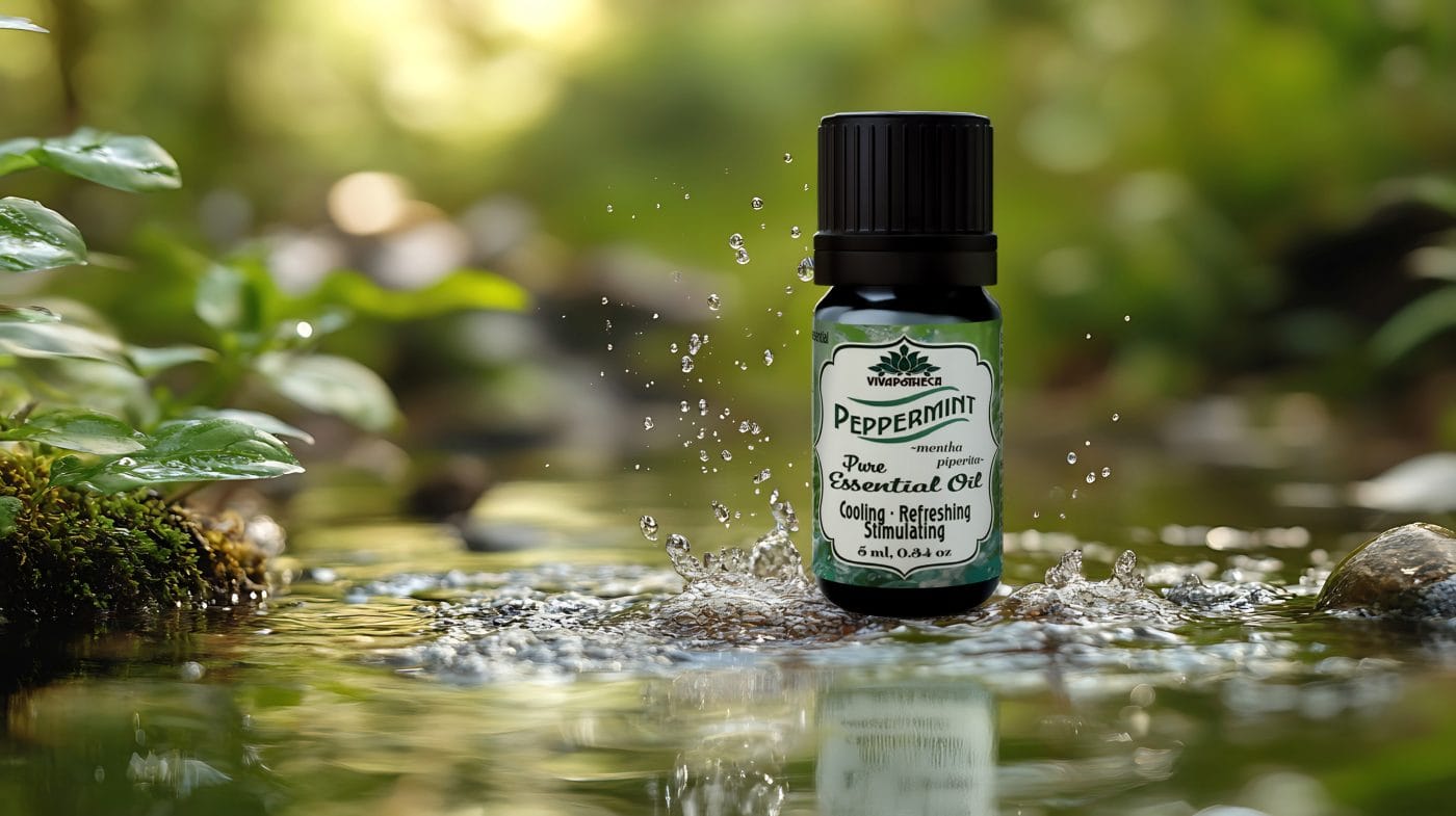 VIVAPOTHECA Peppermint Essential Oil bottle on smooth stones in water, capturing its cooling and refreshing essence.
