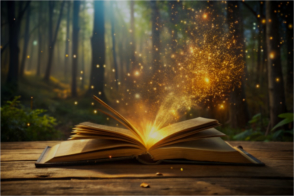 Open book on wooden table with golden light particles floating upwards against a blurred forest background